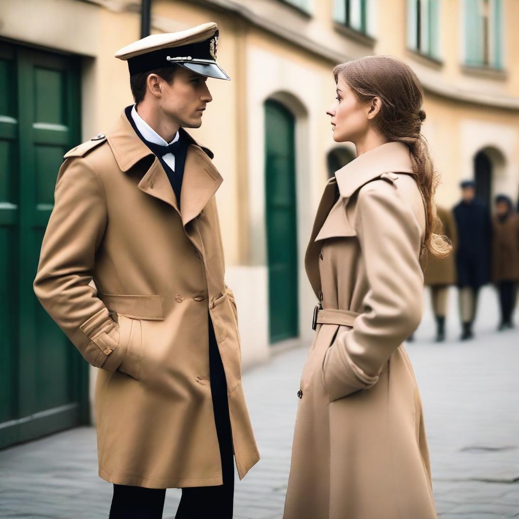 A lovely young woman in a tan trench coat and a man in a French military sailor's outfit facing each other