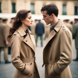 A lovely young woman in a tan trench coat and a man in a French military sailor's outfit facing each other