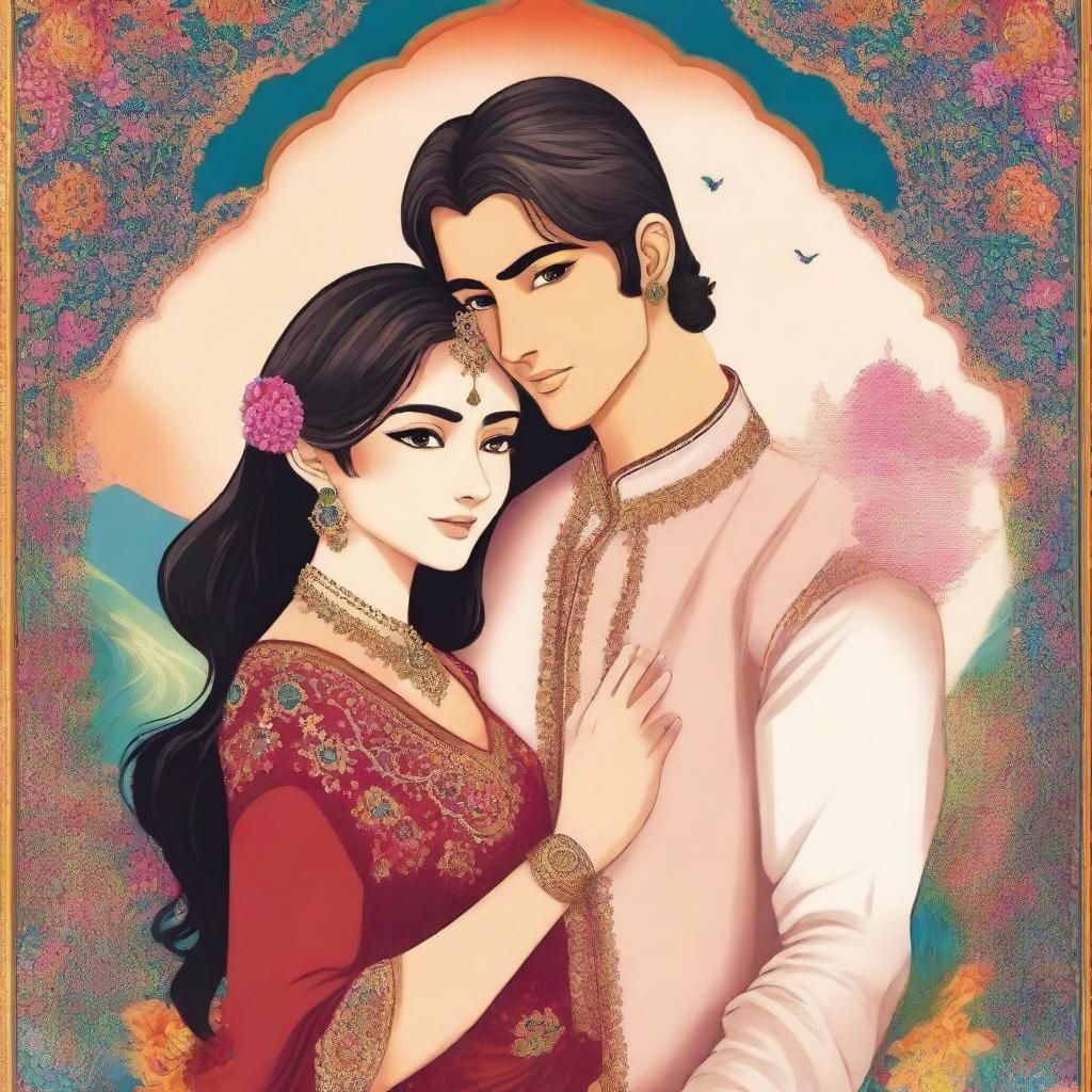 Create a romantic novel book poster in an Indian manga style