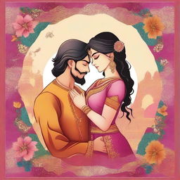 Create a romantic novel book poster in an Indian manga style