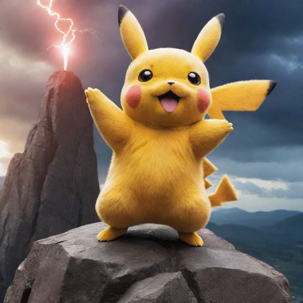 A majestic depiction of Pikachu, often regarded as the best Pokémon, standing triumphantly upon a rocky height with an electrifying background.