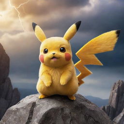 A majestic depiction of Pikachu, often regarded as the best Pokémon, standing triumphantly upon a rocky height with an electrifying background.