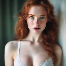 A beautiful young woman with ginger hair and green eyes, dressed in white lingerie