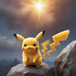 A majestic depiction of Pikachu, often regarded as the best Pokémon, standing triumphantly upon a rocky height with an electrifying background.