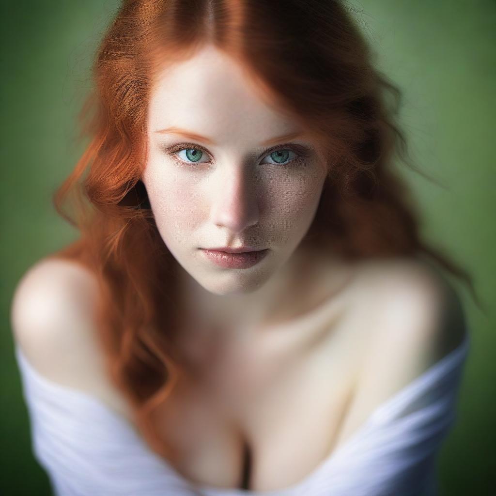 A beautiful young woman with ginger hair and green eyes