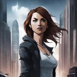 A poster of a dark futuristic city with distorted skyscrapers under a stormy sky