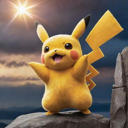 A majestic depiction of Pikachu, often regarded as the best Pokémon, standing triumphantly upon a rocky height with an electrifying background.