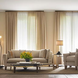 An elegantly designed living room with modern furniture, neutral color palette and dramatic lighting fixtures.