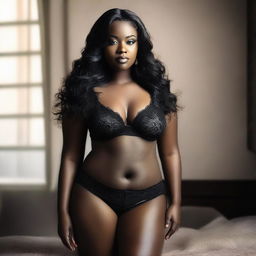 A sexy curvy woman with dark skin and hair, wearing black lingerie