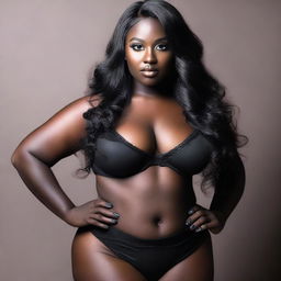 A sexy curvy woman with dark skin and hair, wearing black lingerie