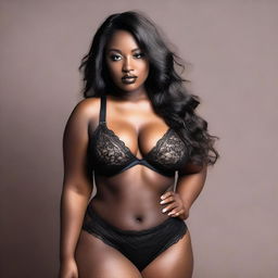 A sexy curvy woman with dark skin and hair, wearing black lingerie