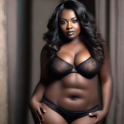 A sexy curvy woman with dark skin and hair, wearing black lingerie