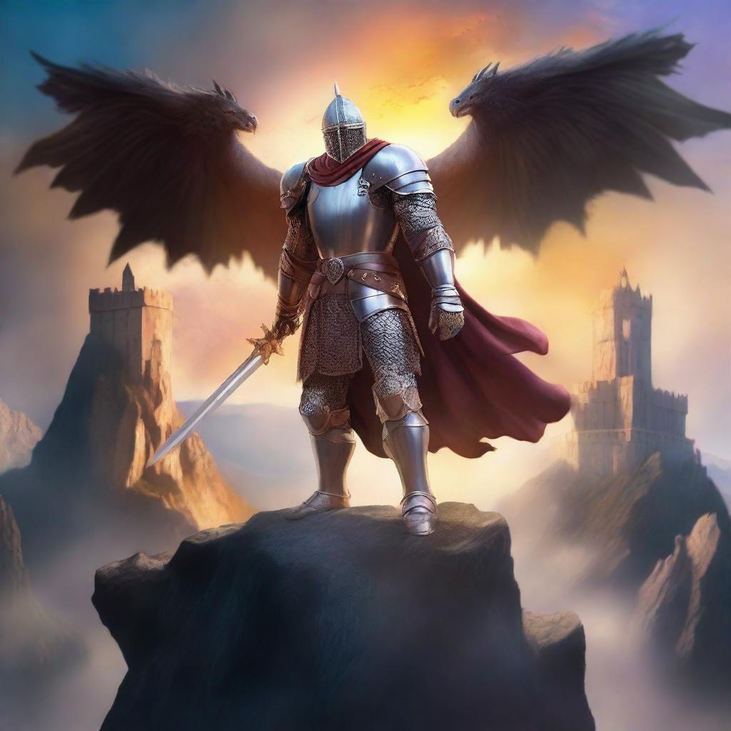 A captivating fantasy book cover featuring a brave knight in shining armor standing on a cliff, overlooking a mystical kingdom with towering castles and dragons flying in the sky