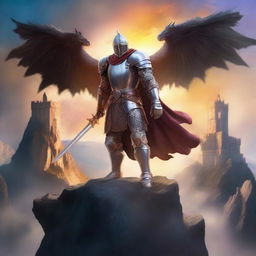 A captivating fantasy book cover featuring a brave knight in shining armor standing on a cliff, overlooking a mystical kingdom with towering castles and dragons flying in the sky