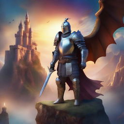 A captivating fantasy book cover featuring a brave knight in shining armor standing on a cliff, overlooking a mystical kingdom with towering castles and dragons flying in the sky