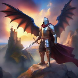 A captivating fantasy book cover featuring a brave knight in shining armor standing on a cliff, overlooking a mystical kingdom with towering castles and dragons flying in the sky