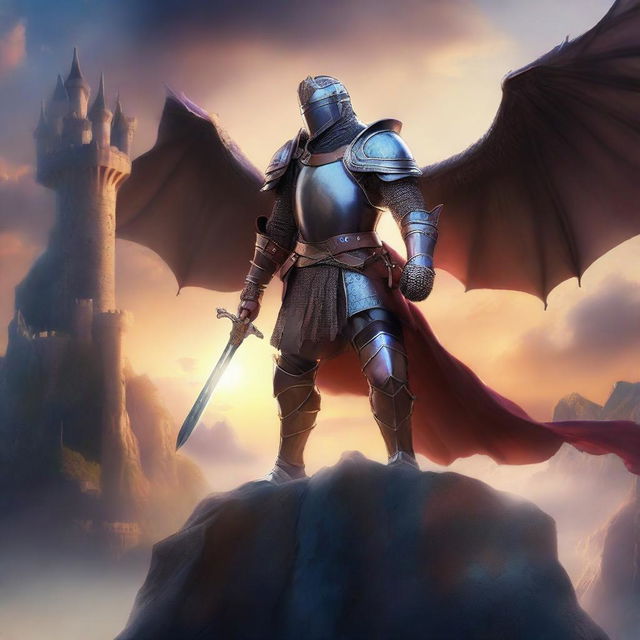 A captivating fantasy book cover featuring a brave knight in shining armor standing on a cliff, overlooking a mystical kingdom with towering castles and dragons flying in the sky