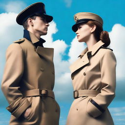 A lovely young woman in a tan trench coat and a man in a French military sailor's outfit facing each other in profile