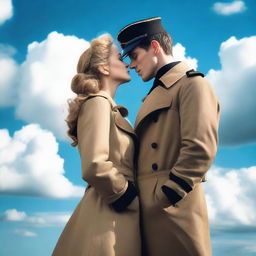 A lovely young woman in a tan trench coat and a man in a French military sailor's outfit facing each other in profile