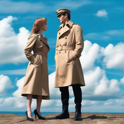 A lovely young woman in a tan trench coat and a man in a French military sailor's outfit facing each other in profile