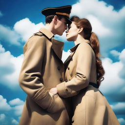 A lovely young woman in a tan trench coat and a man in a French military sailor's outfit facing each other in profile