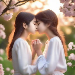 Two girls sharing a romantic kiss in a gentle and tender moment