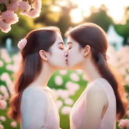 Two girls sharing a romantic kiss in a gentle and tender moment