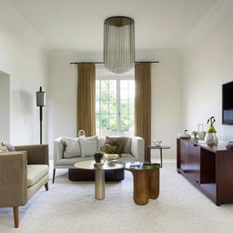 An elegantly designed living room with modern furniture, neutral color palette and dramatic lighting fixtures.