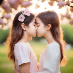 Two girls sharing a romantic kiss in a gentle and tender moment