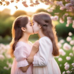 Two girls sharing a romantic kiss in a gentle and tender moment