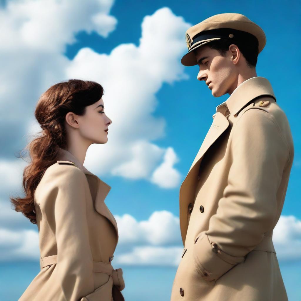 A lovely young woman in a tan trench coat and a man in a French sailor's outfit facing each other in profile