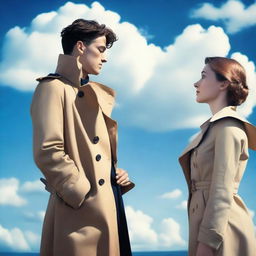 A lovely young woman in a tan trench coat and a man in a French sailor's outfit facing each other in profile