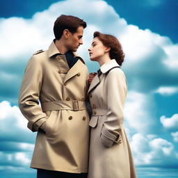 A lovely young woman in a tan trench coat and a man in a French sailor's outfit facing each other in profile