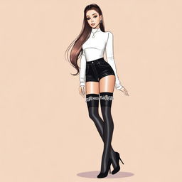 A detailed illustration of Ariana Grande wearing stylish stockings