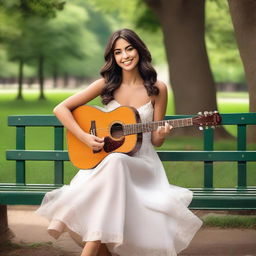 A sultry Italian beauty sitting on a park bench serenading with a guitar