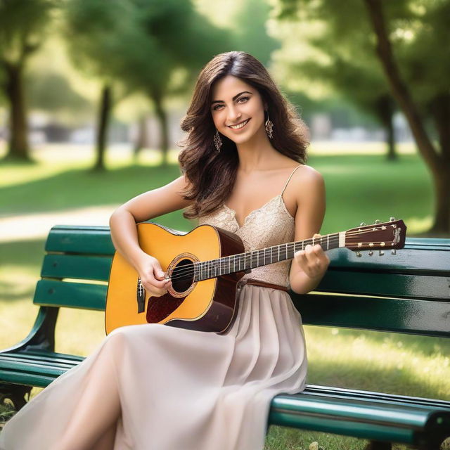 A sultry Italian beauty sitting on a park bench serenading with a guitar