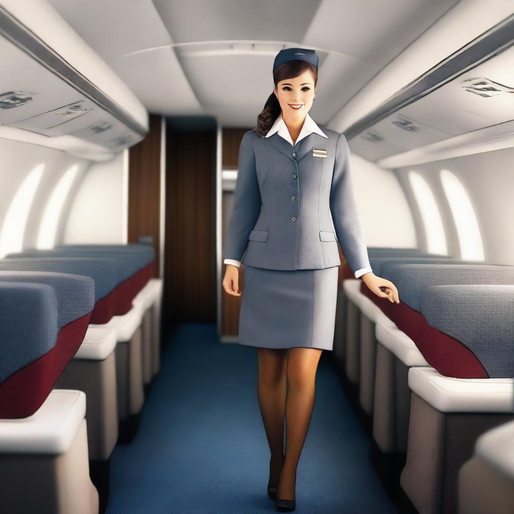 A realistic image of an air hostess wearing a professional uniform with stockings