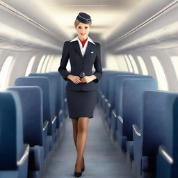 A realistic image of an air hostess wearing a professional uniform with stockings