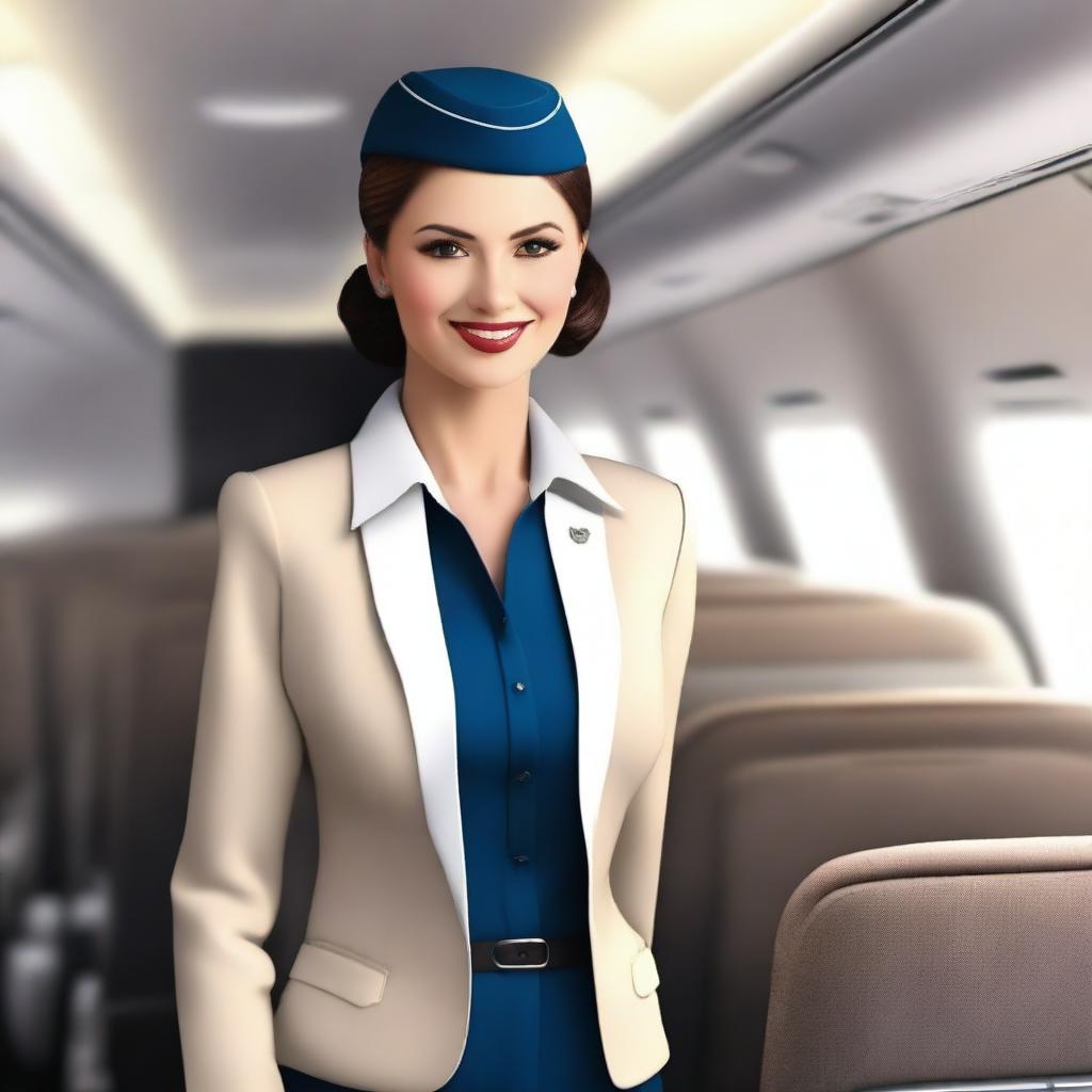 A realistic image of an air hostess wearing a professional uniform with stockings