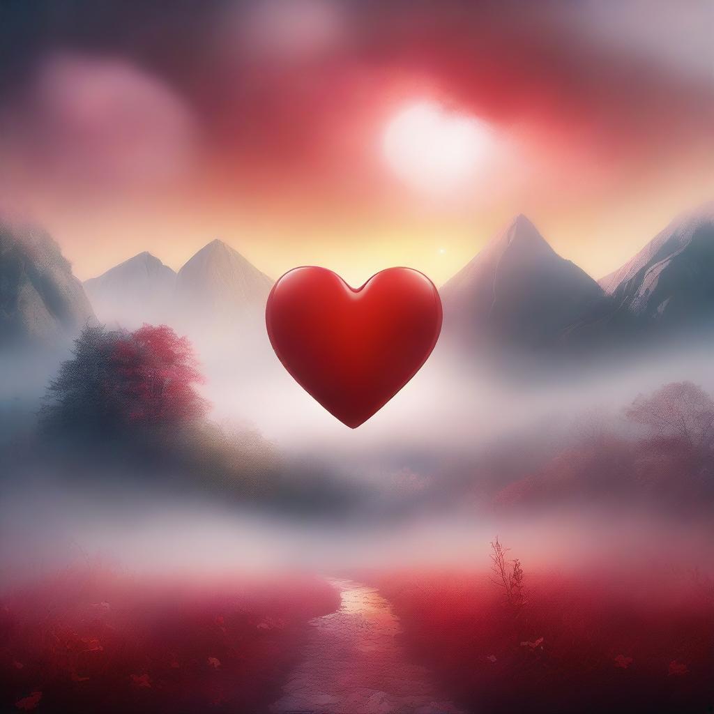 A surreal and dreamy image featuring a glowing red heart floating in a mystical landscape