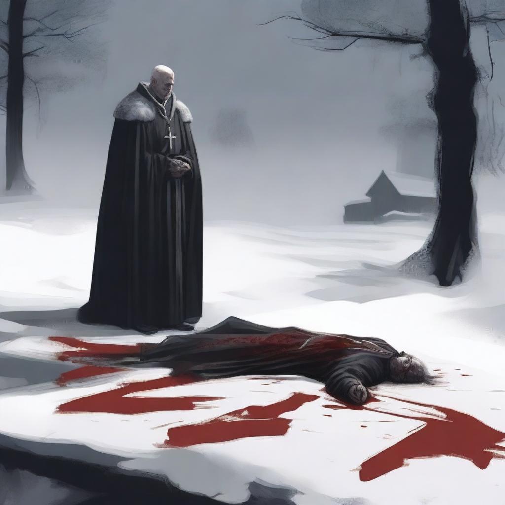 A fallen priest in the snow with blood around him, captured from a distance in a realistic style