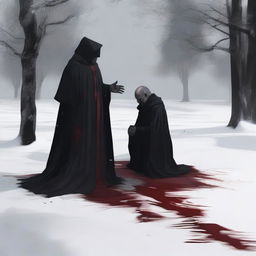 A fallen priest in the snow with blood around him, captured from a distance in a realistic style