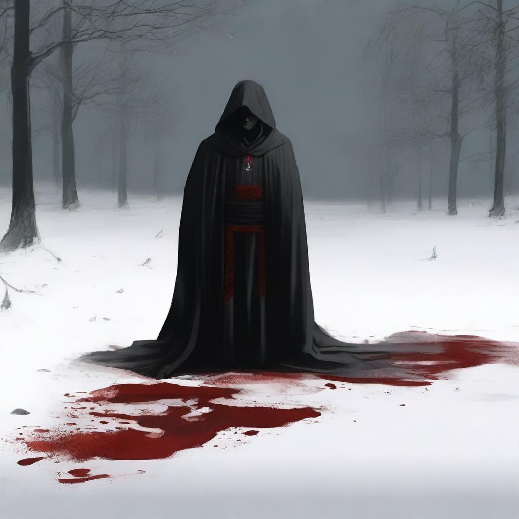 A fallen priest in the snow with blood around him, captured from a distance in a realistic style