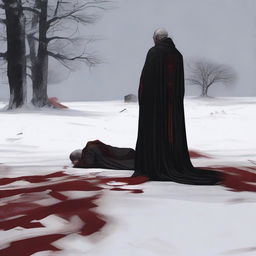 A fallen priest in the snow with blood around him, captured from a distance in a realistic style