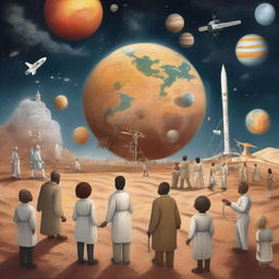 A beautifully illustrated scene capturing stellar moments of humanity, showcasing key historical events and achievements