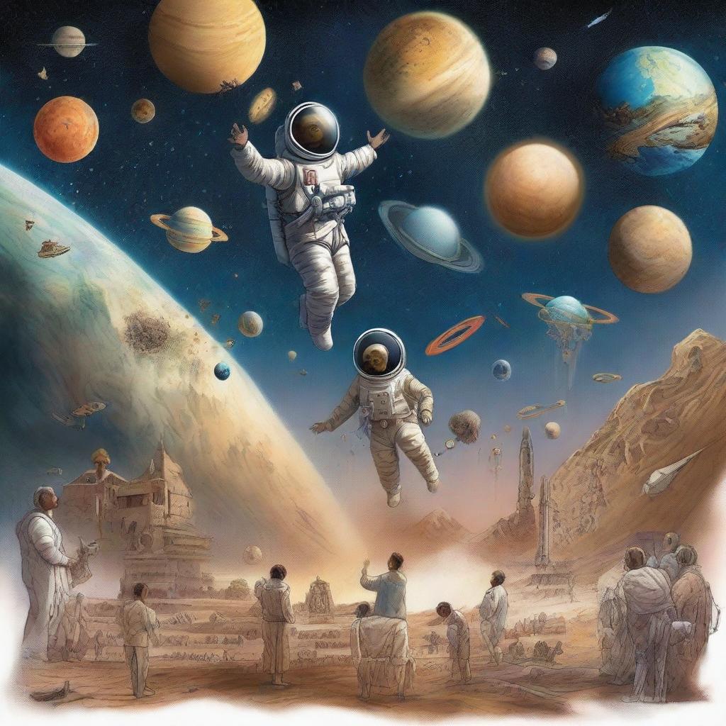 A beautifully illustrated scene capturing stellar moments of humanity, showcasing key historical events and achievements