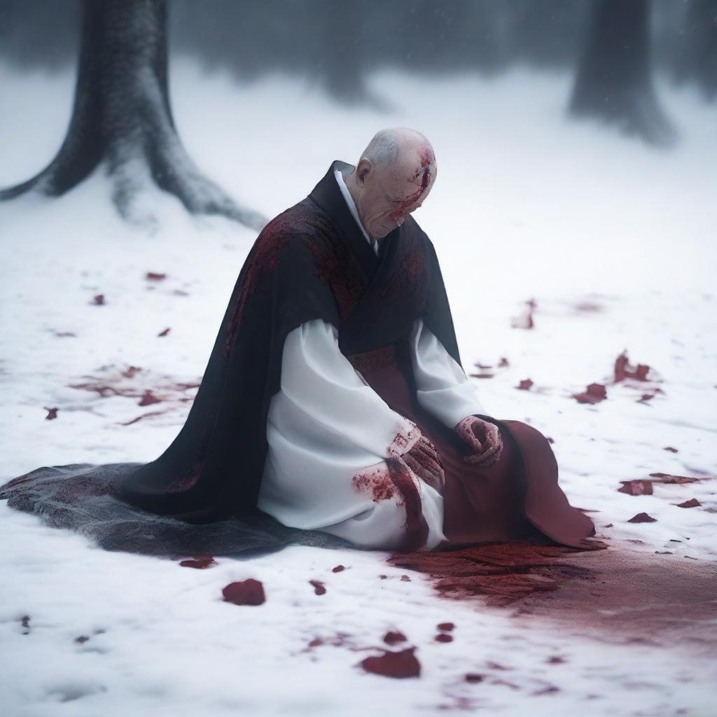 A fallen priest in the white snow with blood around him