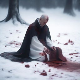 A fallen priest in the white snow with blood around him