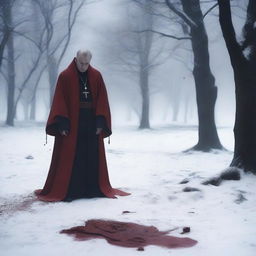 A fallen priest in the white snow with blood around him