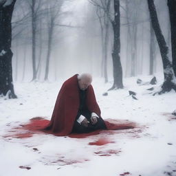 A fallen priest in the white snow with blood around him